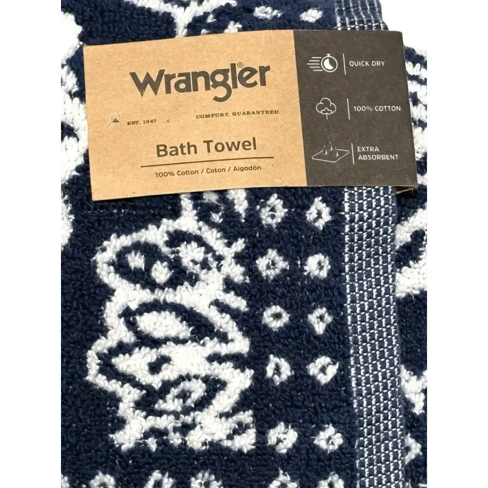 Wrangler Bath Hand Towels Bandana Blue Set Of 3 Pcs Floral White Flowers NWT